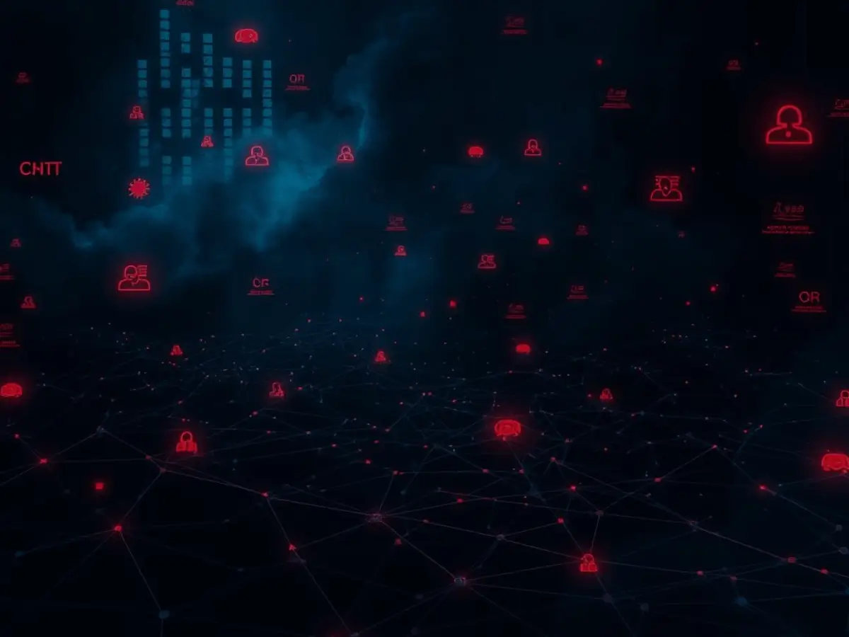 A-dark-digital-landscape-with-interconnected-nodes-and-red-glowing-icons-representing-data-and-user-profiles-showcasing-a-network-of-information-in-a-secure-virtual-environment