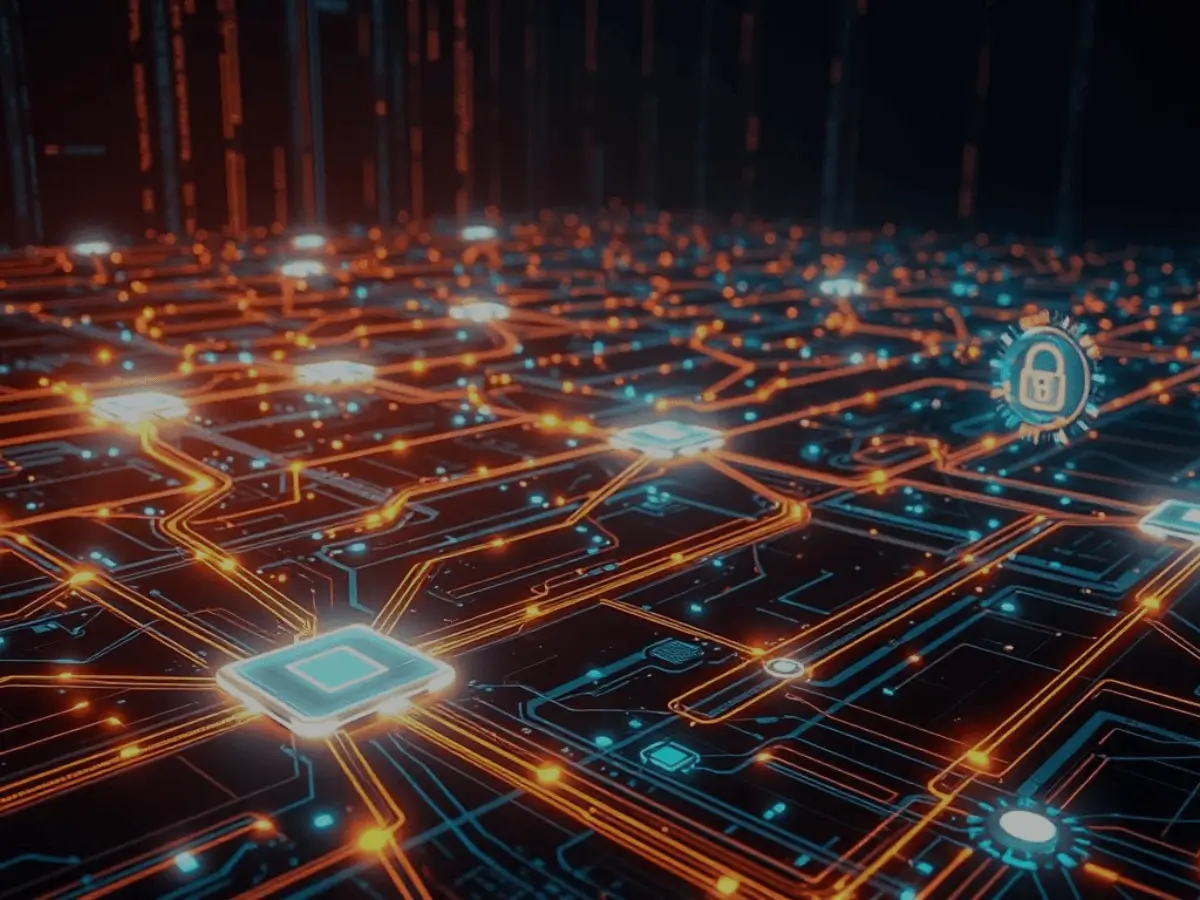 A-digital-circuit-board-symbolizing-a-complex-and-secure-network-system-with-glowing-chipsets-and-a-padlock-icon-representing-cybersecurity