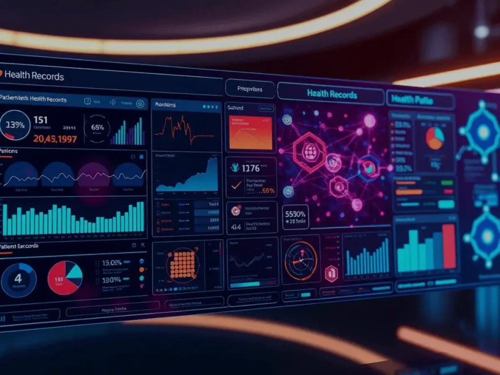 A-futuristic-dashboard-displaying-health-records-and-patient-data-analytics-in-a-high-tech-healthcare-environment-perfect-example-of-benefits-of-ai-in-EHR-systems-revolutionizing-the-healthcare