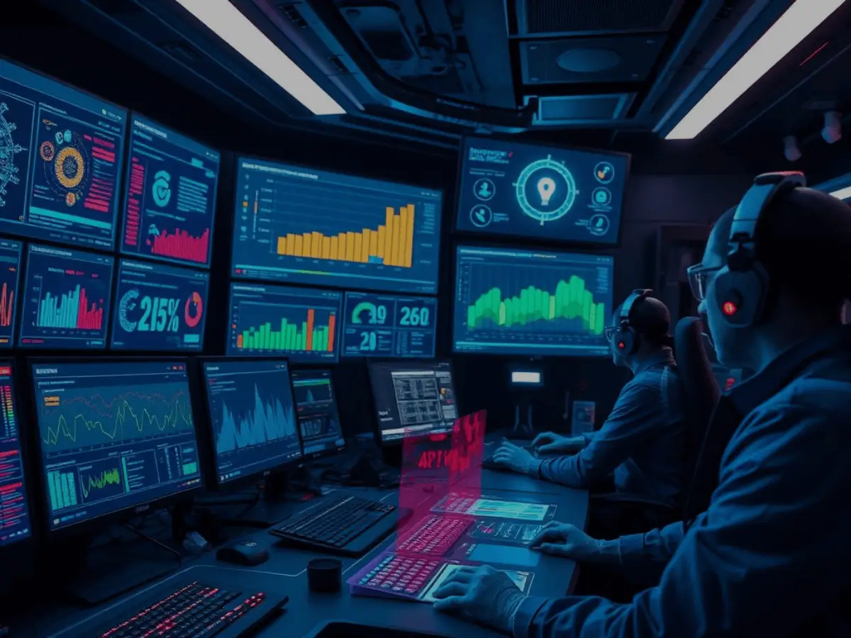 A-high-tech-room-with-multiple-screens-displaying-graphs-and-charts-with-professionals-wearing-headsets-are-monitoring-and-analyzing-the-information-in-a-futuristic-environment