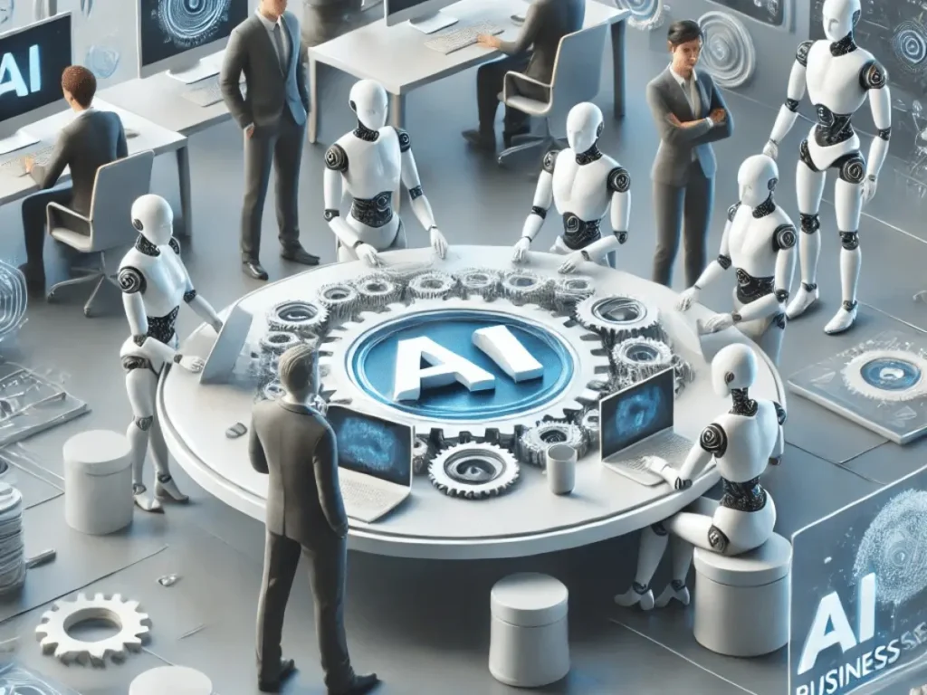 Business-environment-with-professionals-working-alongside-AI--tools-showcasing-AI-integration-in-business-for-blog-top-17-proven-AI-strategies-for-earning-income-in-2025